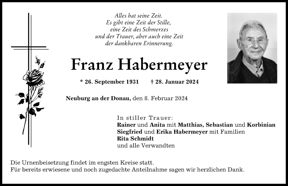 Traueranzeige von Franz Habermeyer von Neuburger Rundschau