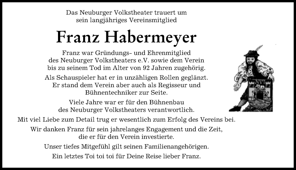 Traueranzeige von Franz Habermeyer von Neuburger Rundschau