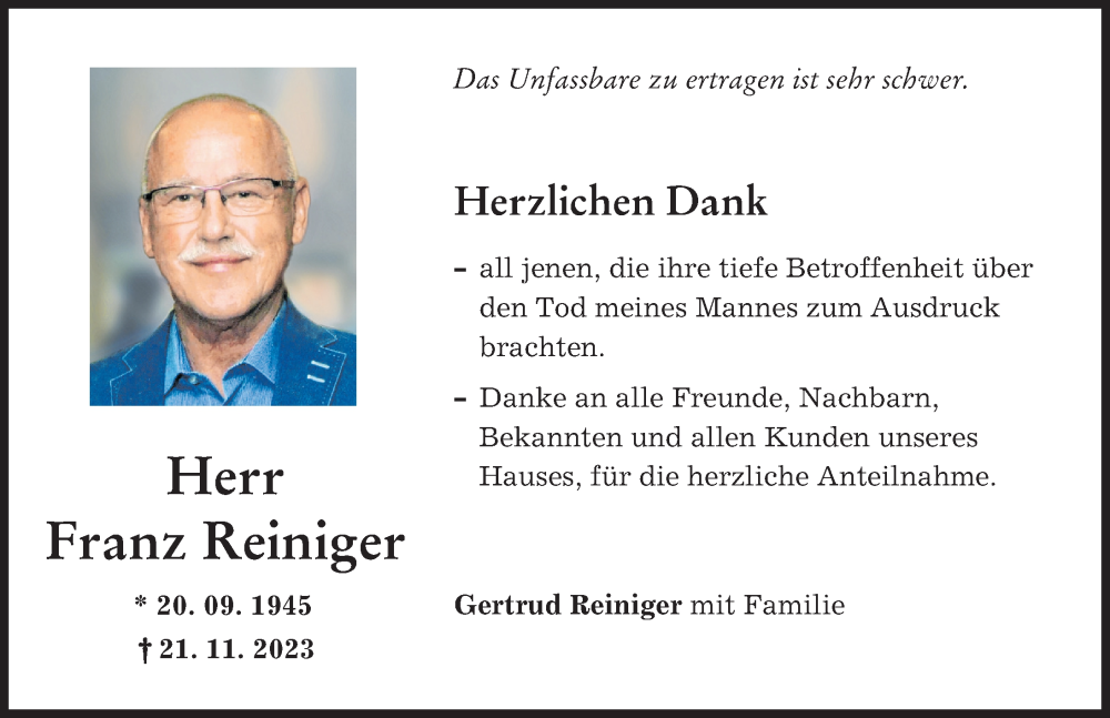  Traueranzeige für Franz Reiniger vom 03.02.2024 aus Augsburger Allgemeine