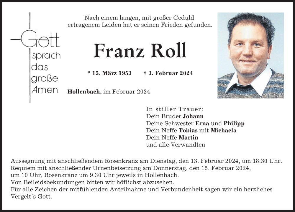 Traueranzeige von Franz Roll von Neuburger Rundschau