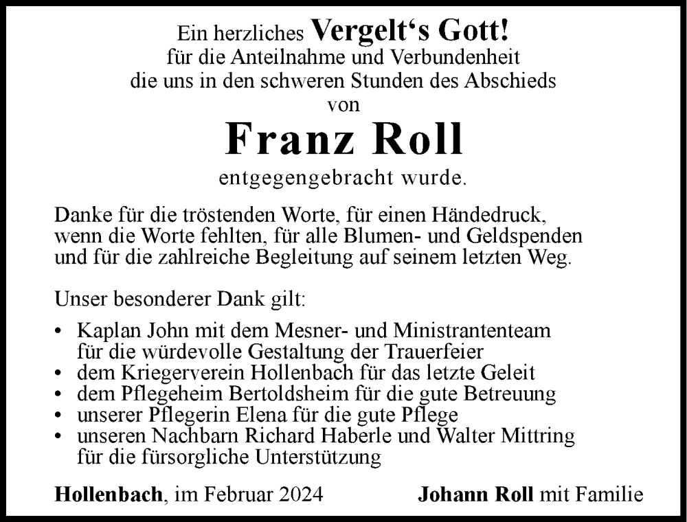 Traueranzeige von Franz Roll von Neuburger Rundschau