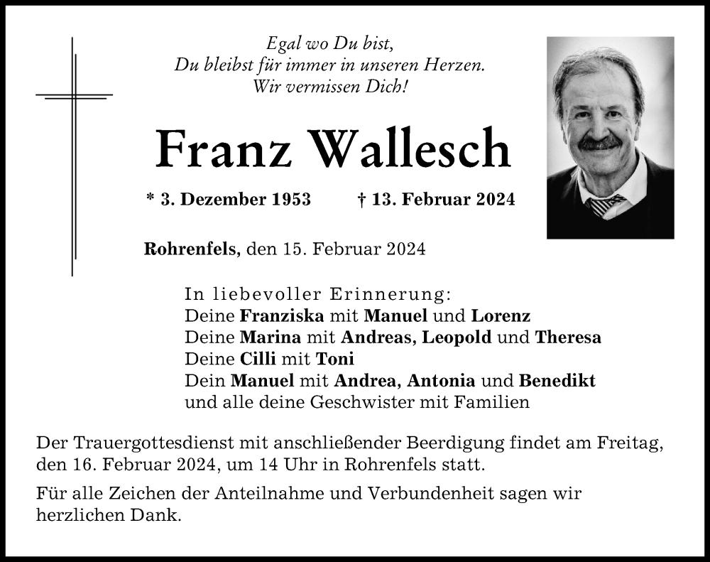 Traueranzeige von Franz Wallesch von Neuburger Rundschau