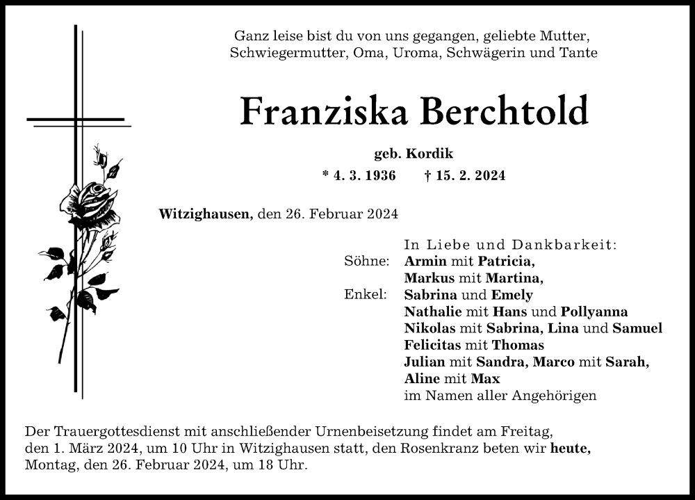 Traueranzeige von Franziska Berchtold von Neu-Ulmer Zeitung