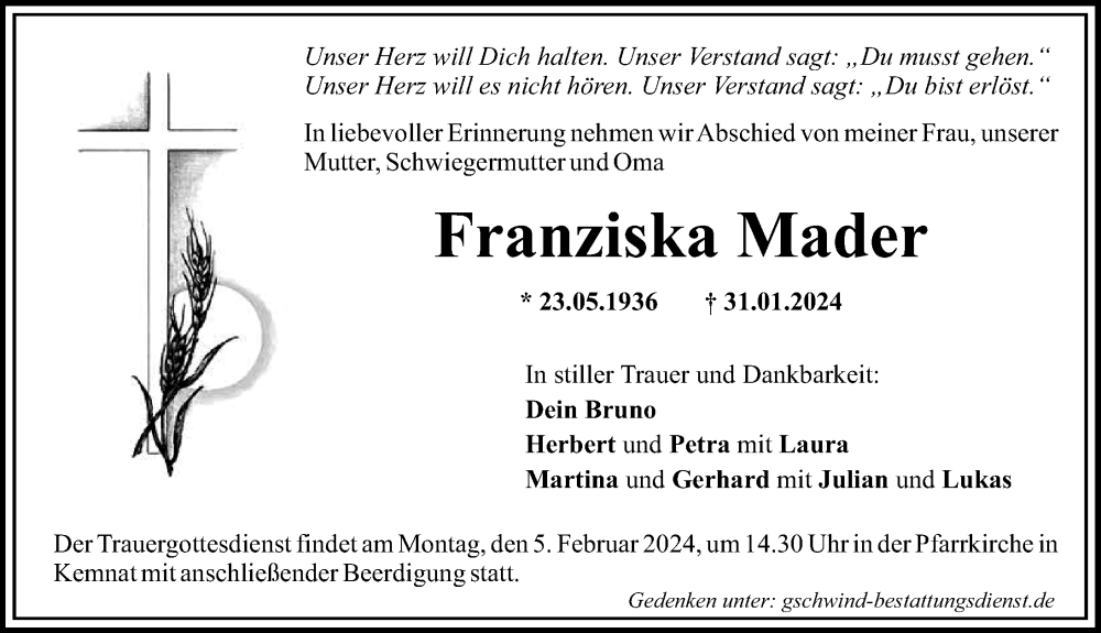 Traueranzeige von Franziska Mader von Günzburger Zeitung