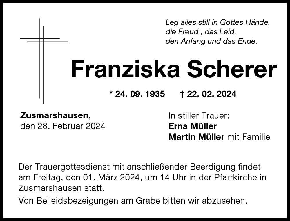 Traueranzeige von Franziska Scherer von Augsburg-Land