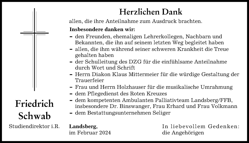 Traueranzeige von Friedrich Schwab von Landsberger Tagblatt