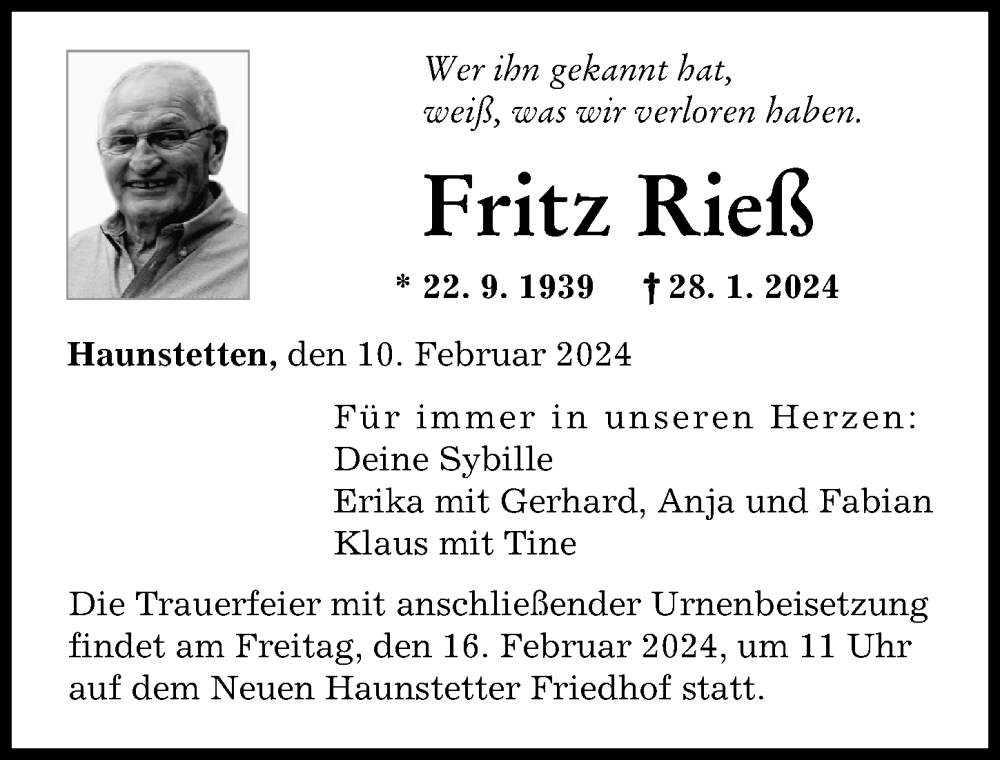 Traueranzeige von Fritz Rieß von Augsburger Allgemeine