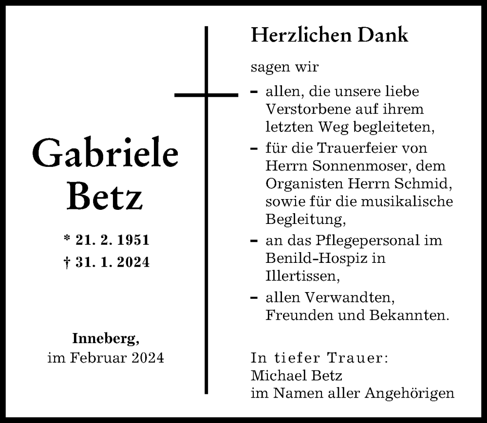  Traueranzeige für Gabriele Betz vom 21.02.2024 aus Illertisser Zeitung