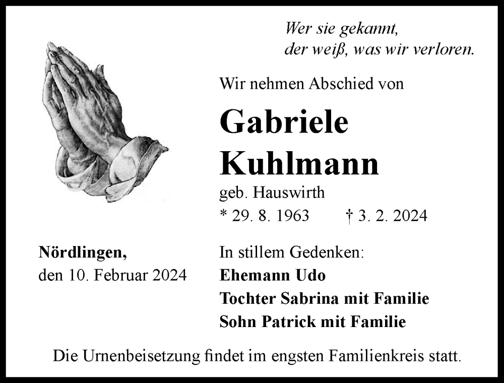  Traueranzeige für Gabriele Kuhlmann vom 10.02.2024 aus Rieser Nachrichten