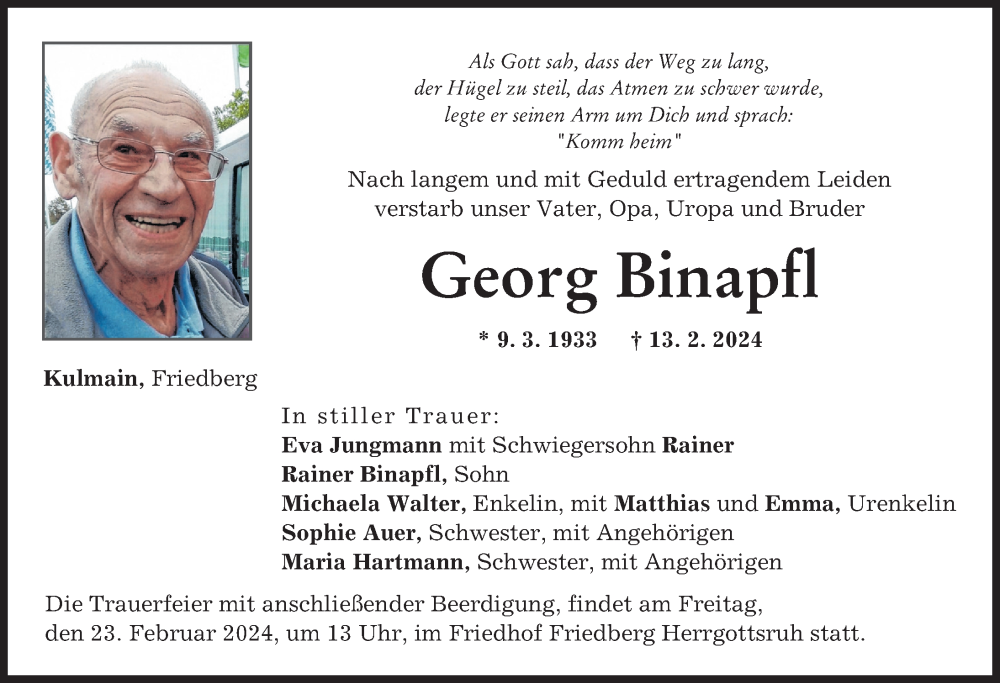 Traueranzeige von Georg Binapfl von Friedberger Allgemeine