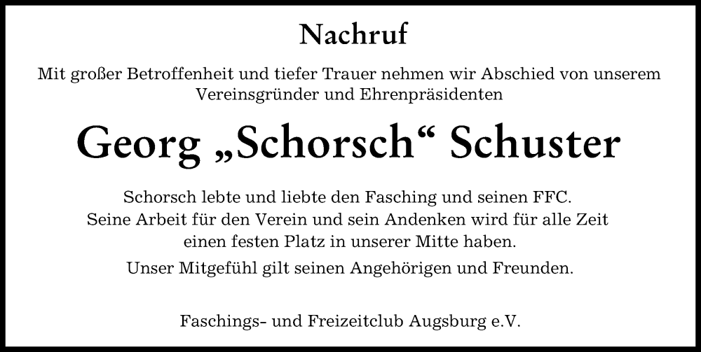 Traueranzeige von Georg  Schuster von Augsburger Allgemeine