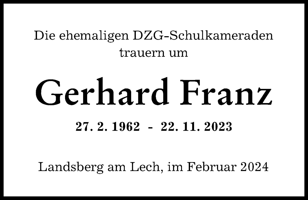 Traueranzeige von Gerhard Franz von Landsberger Tagblatt