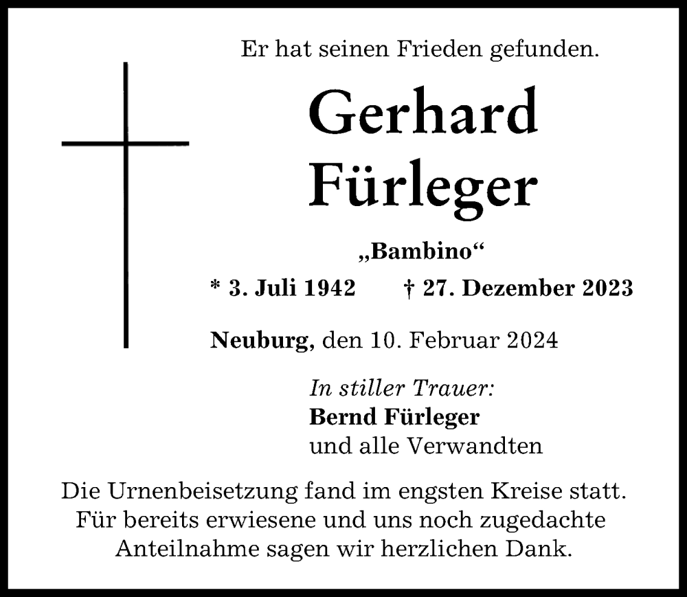 Traueranzeige von Gerhard Fürleger von Neuburger Rundschau