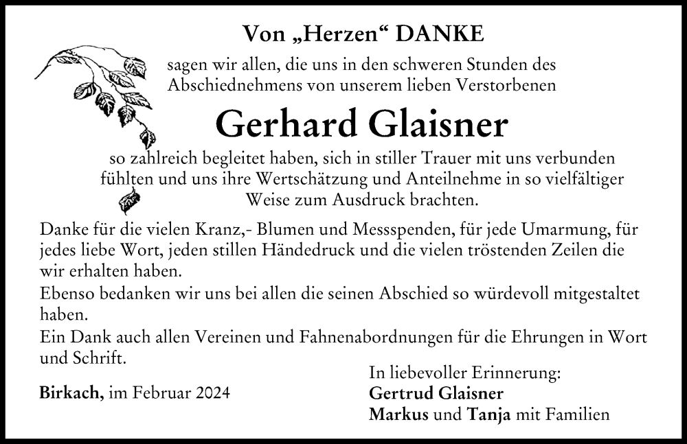 Traueranzeige von Gerhard Glaisner von Schwabmünchner Allgemeine