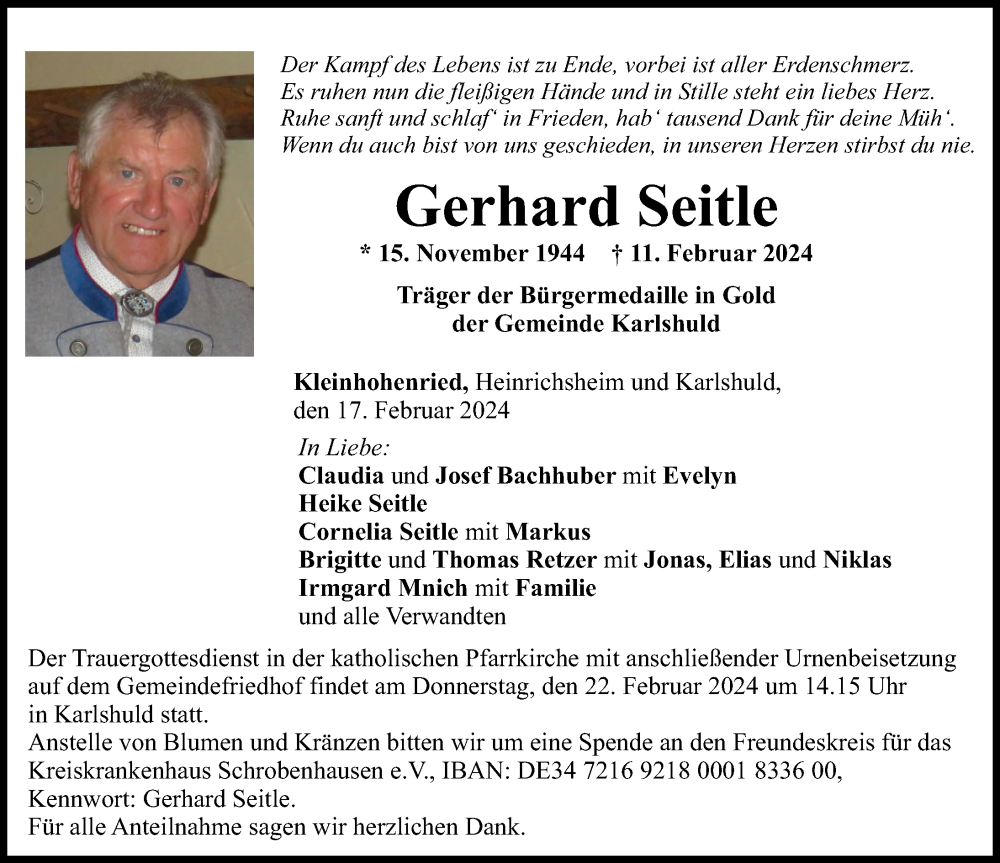 Traueranzeige von Gerhard Seitle von Neuburger Rundschau