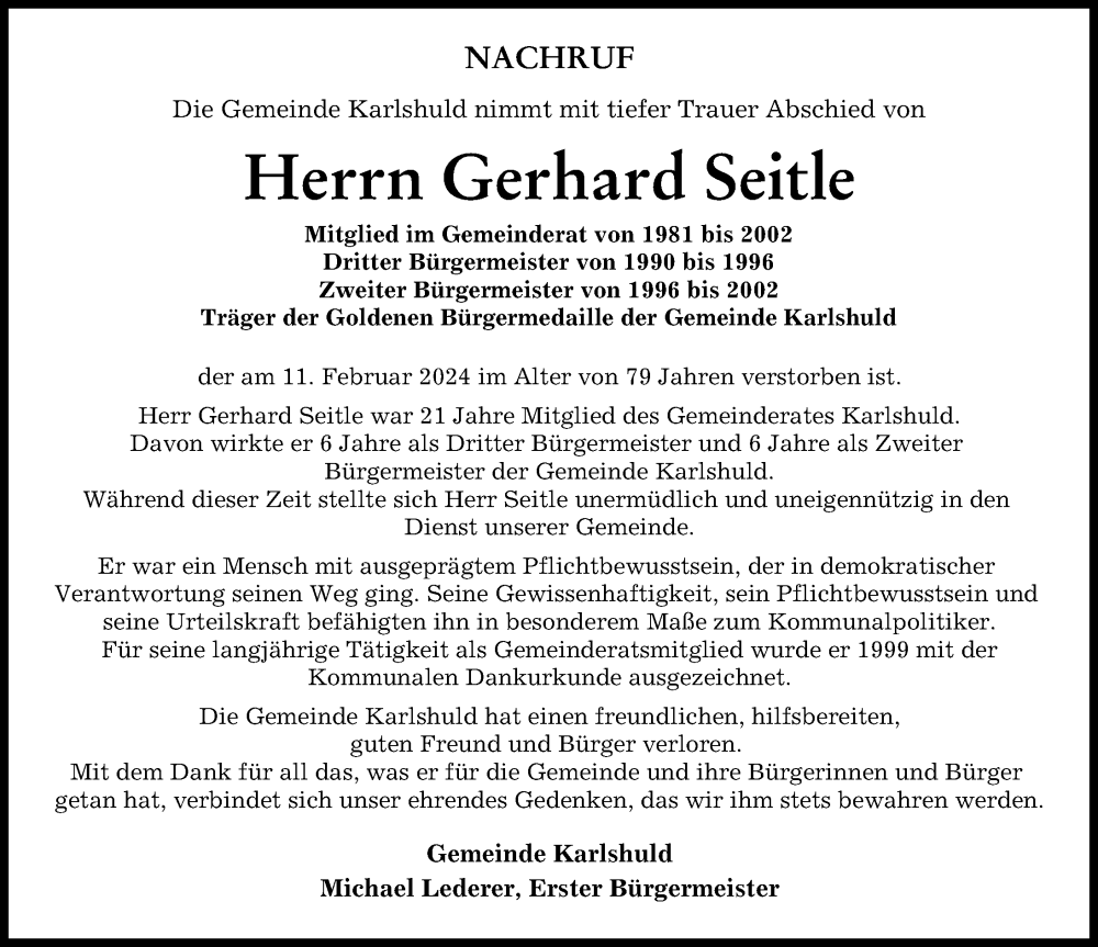 Traueranzeige von Gerhard Seitle von Neuburger Rundschau