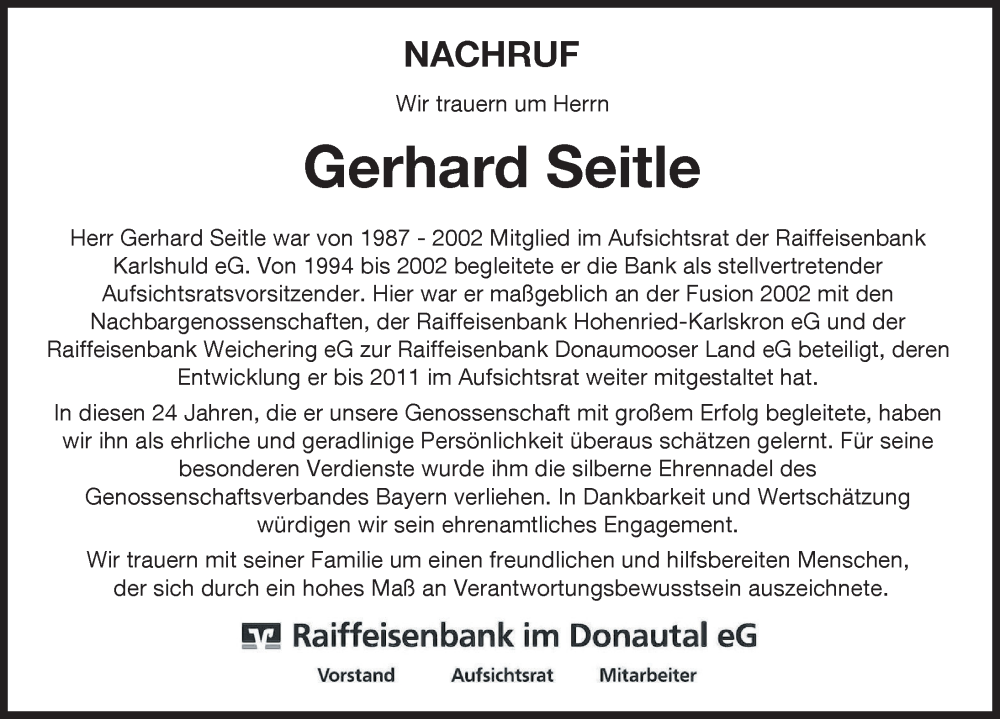 Traueranzeige von Gerhard Seitle von Neuburger Rundschau