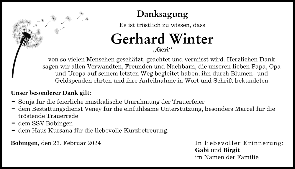 Traueranzeige von Gerhard Winter von Schwabmünchner Allgemeine