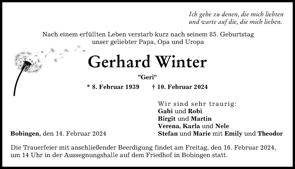 Traueranzeige von Gerhard Winter von Schwabmünchner Allgemeine