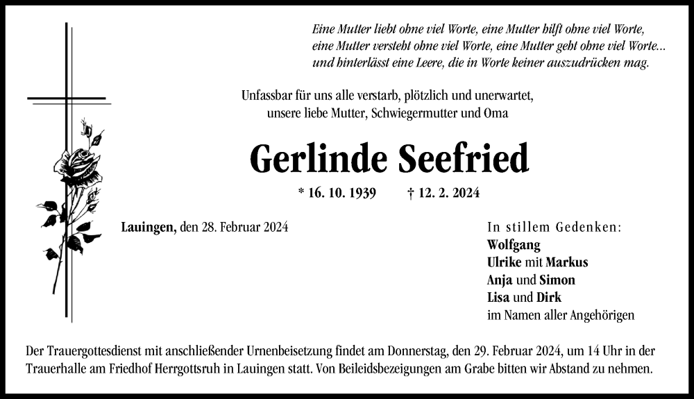 Traueranzeige von Gerlinde Seefried von Donau Zeitung