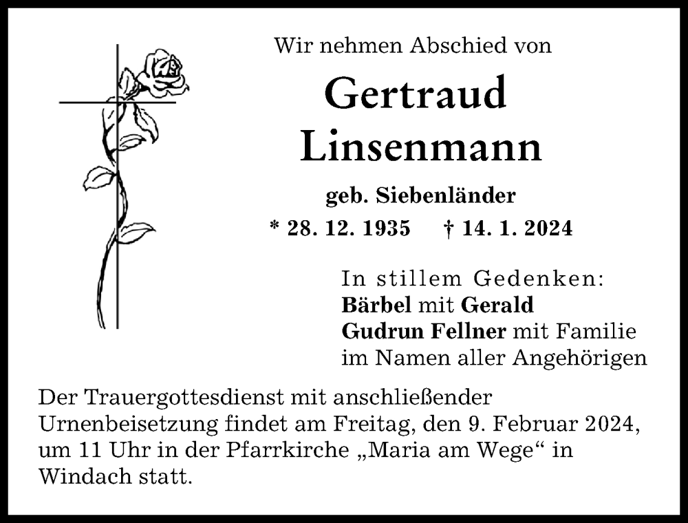 Traueranzeige von Gertraud Linsenmann von Landsberger Tagblatt