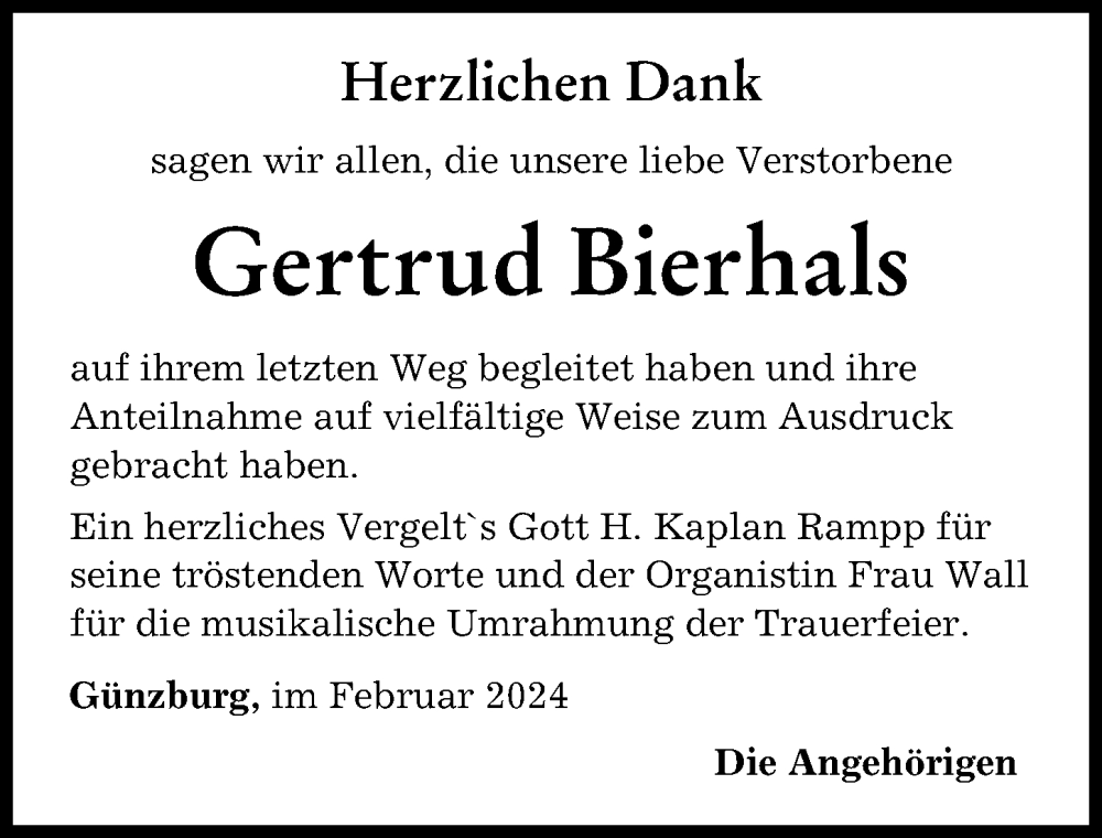 Traueranzeige von Gertrud Bierhals von Günzburger Zeitung