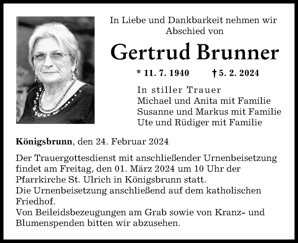 Traueranzeige von Gertrud Brunner von Augsburger Allgemeine