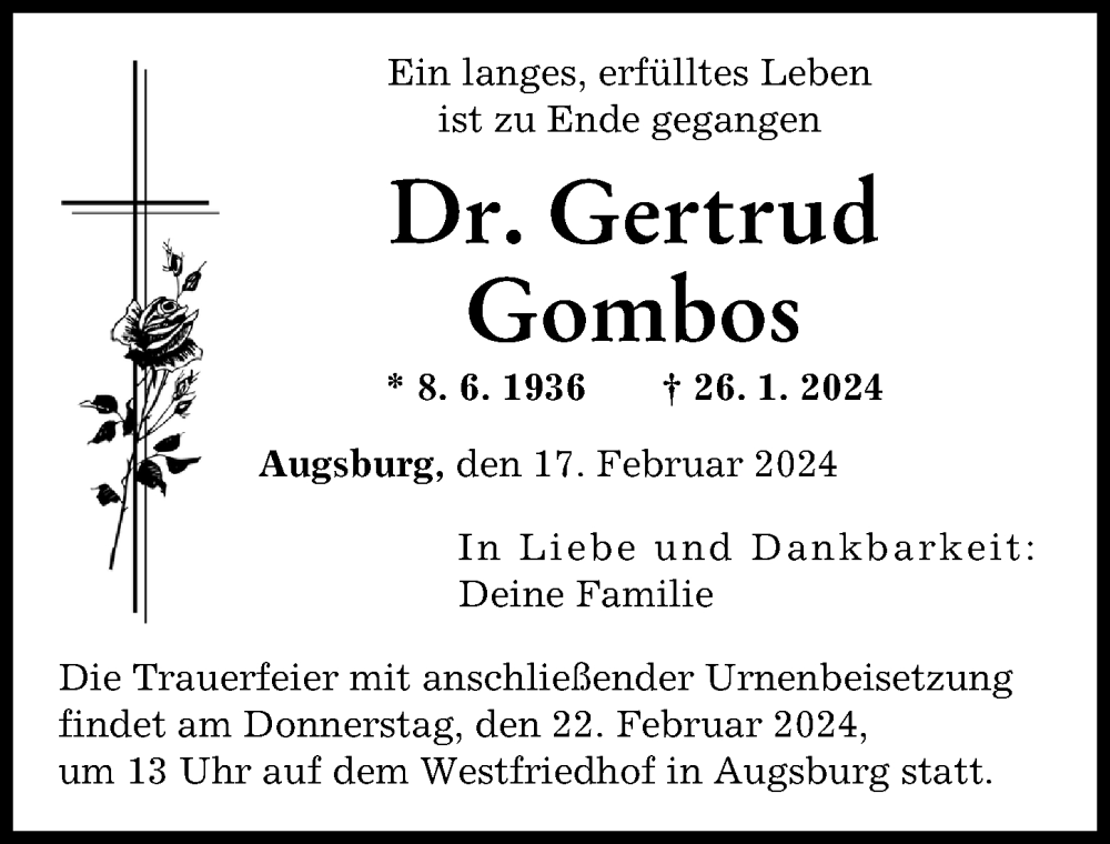 Traueranzeige von Gertrud Gombos von Augsburger Allgemeine