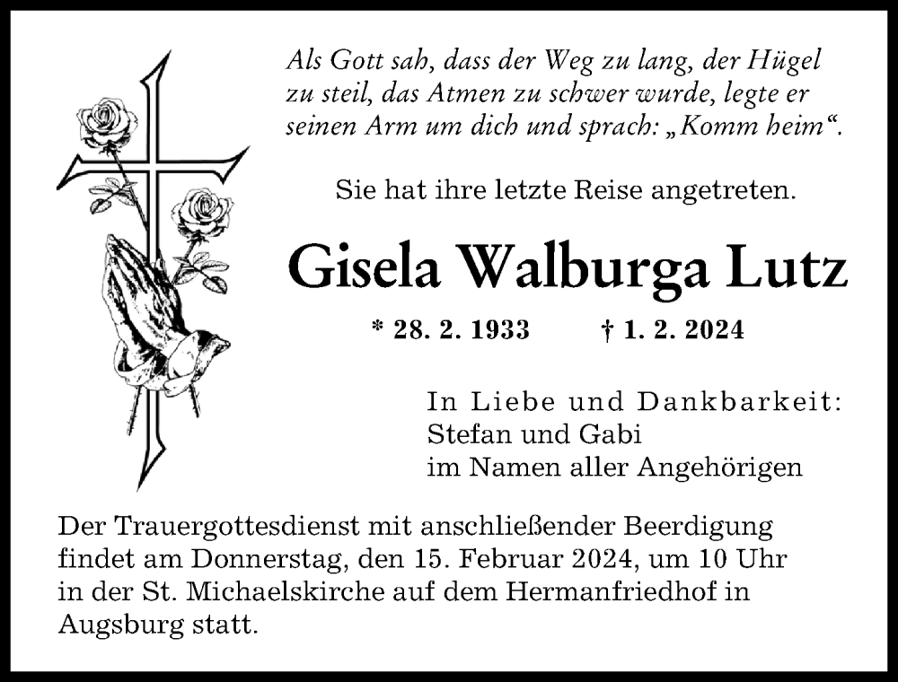  Traueranzeige für Gisela Walburga Lutz vom 10.02.2024 aus Augsburger Allgemeine