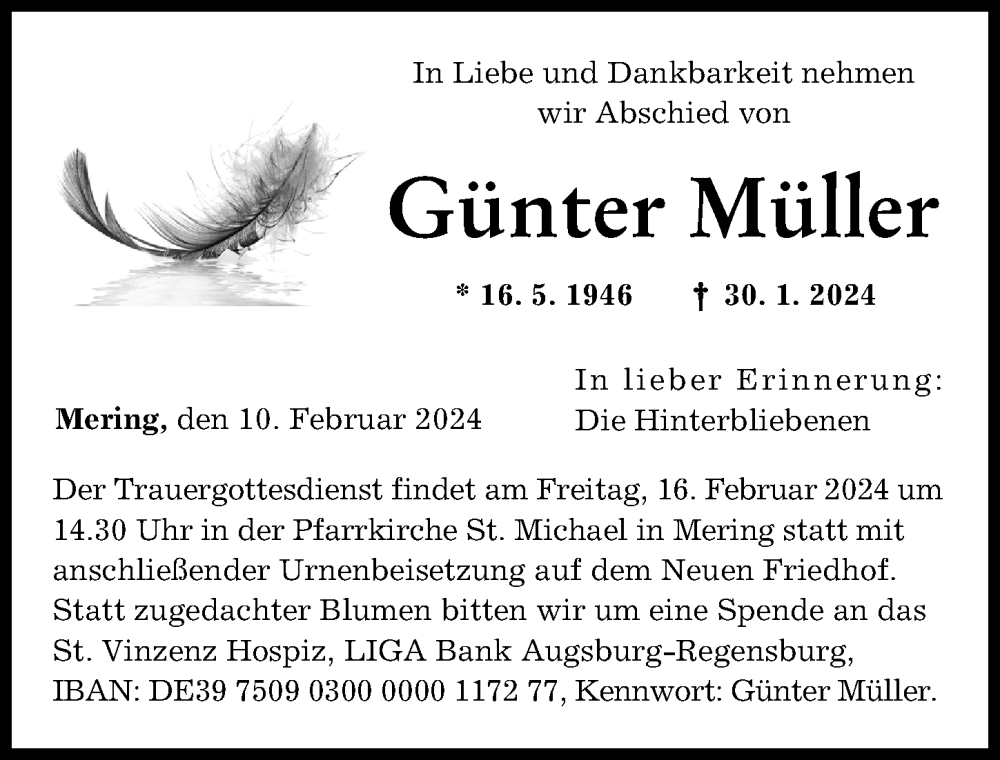  Traueranzeige für Günter Müller vom 10.02.2024 aus Friedberger Allgemeine