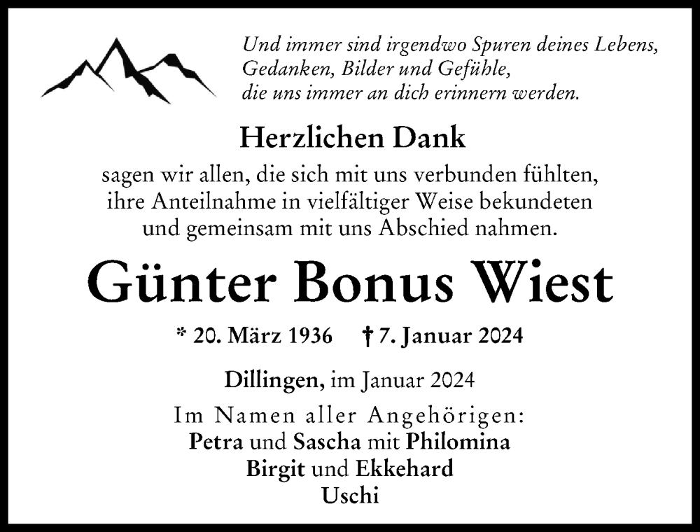 Traueranzeige von Günter Bonus Wiest von Donau Zeitung