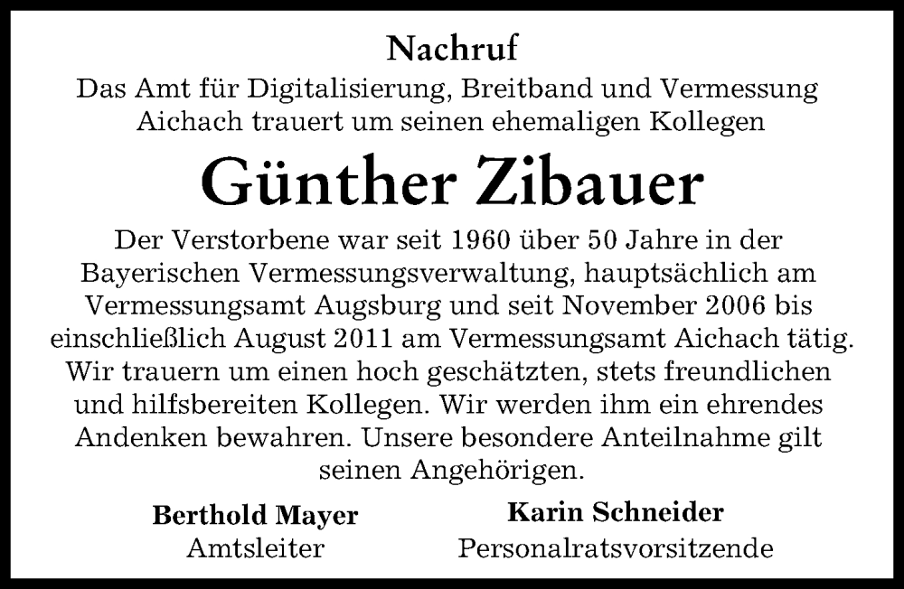 Traueranzeige von Günther Zibauer von Aichacher Nachrichten