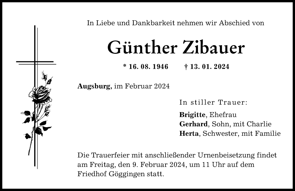 Traueranzeige von Günther Zibauer von Augsburger Allgemeine