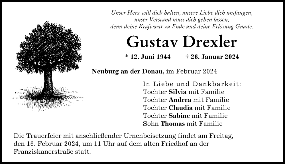 Traueranzeige von Gustav Drexler von Neuburger Rundschau