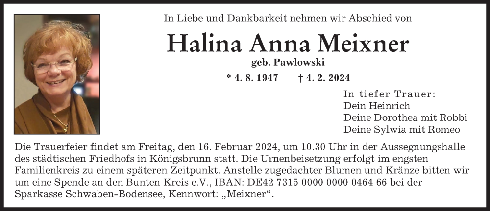 Traueranzeige von Halina Anna Meixner von Augsburger Allgemeine