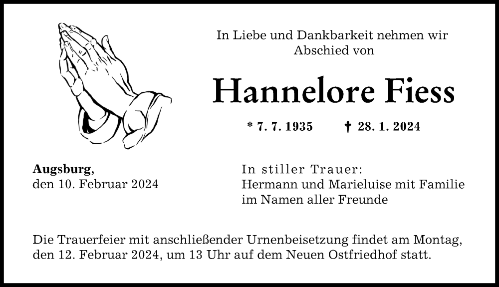 Traueranzeige von Hannelore Fiess von Augsburger Allgemeine