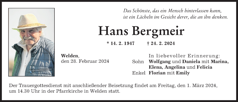 Traueranzeige von Hans Bergmeir von Augsburg-Land
