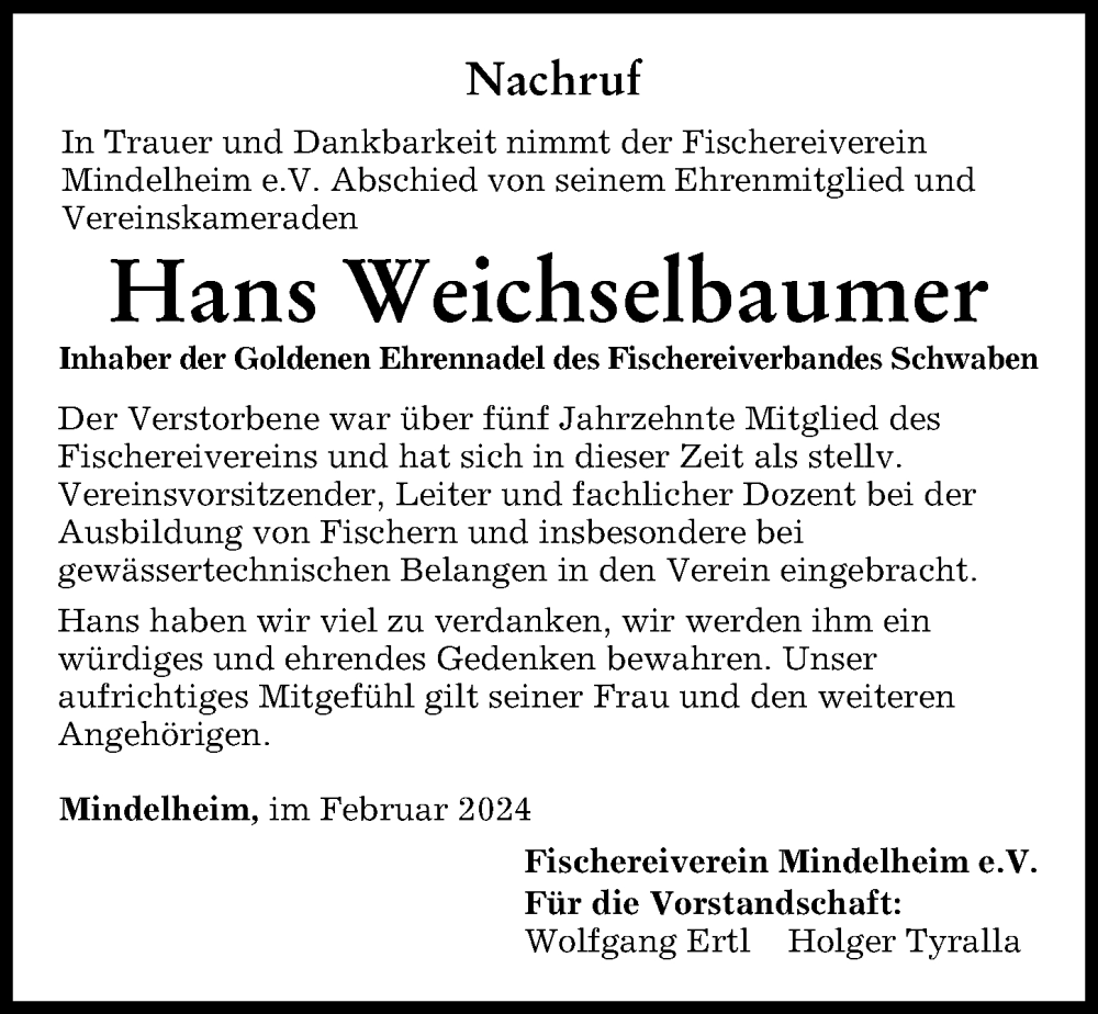Traueranzeige von Hans Weichselbaumer von Mindelheimer Zeitung