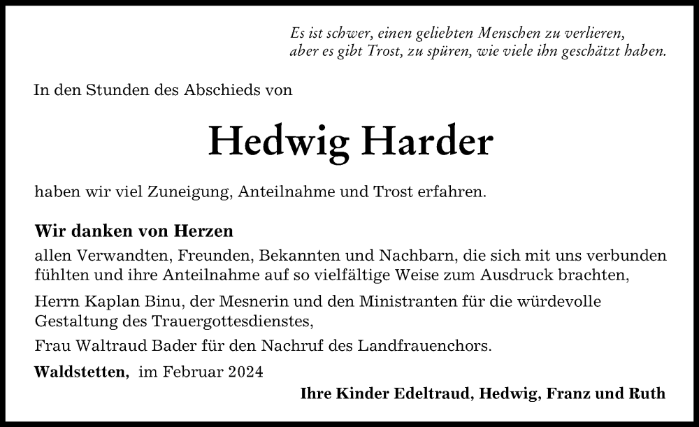 Traueranzeige von Hedwig Harder von Günzburger Zeitung