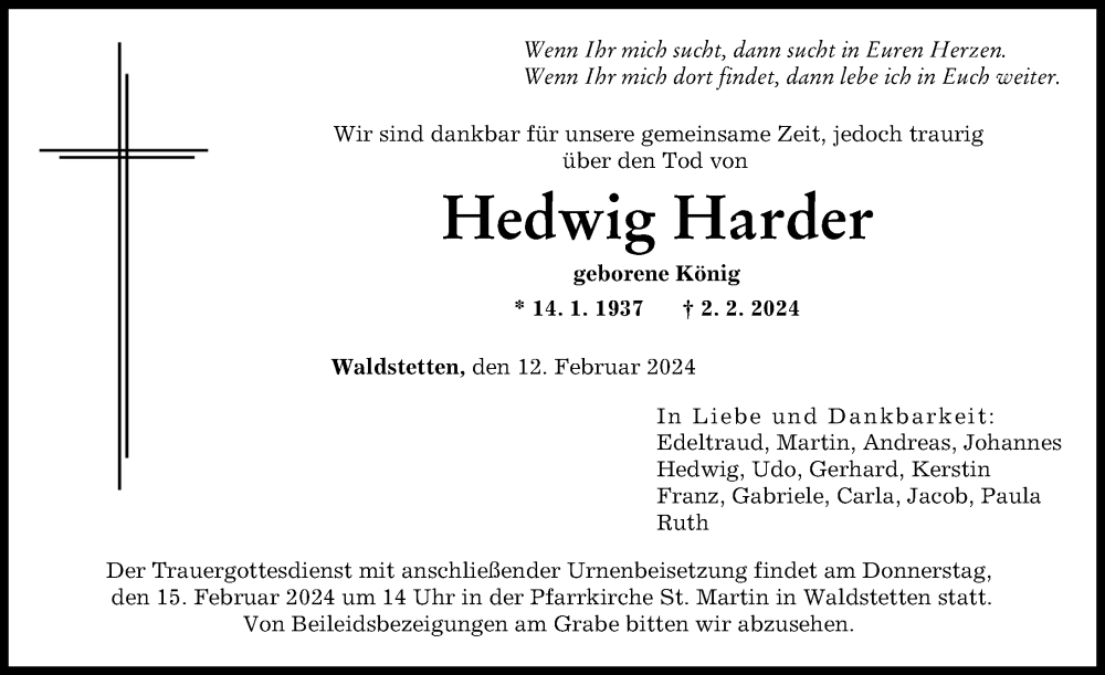 Traueranzeige von Hedwig Harder von Günzburger Zeitung