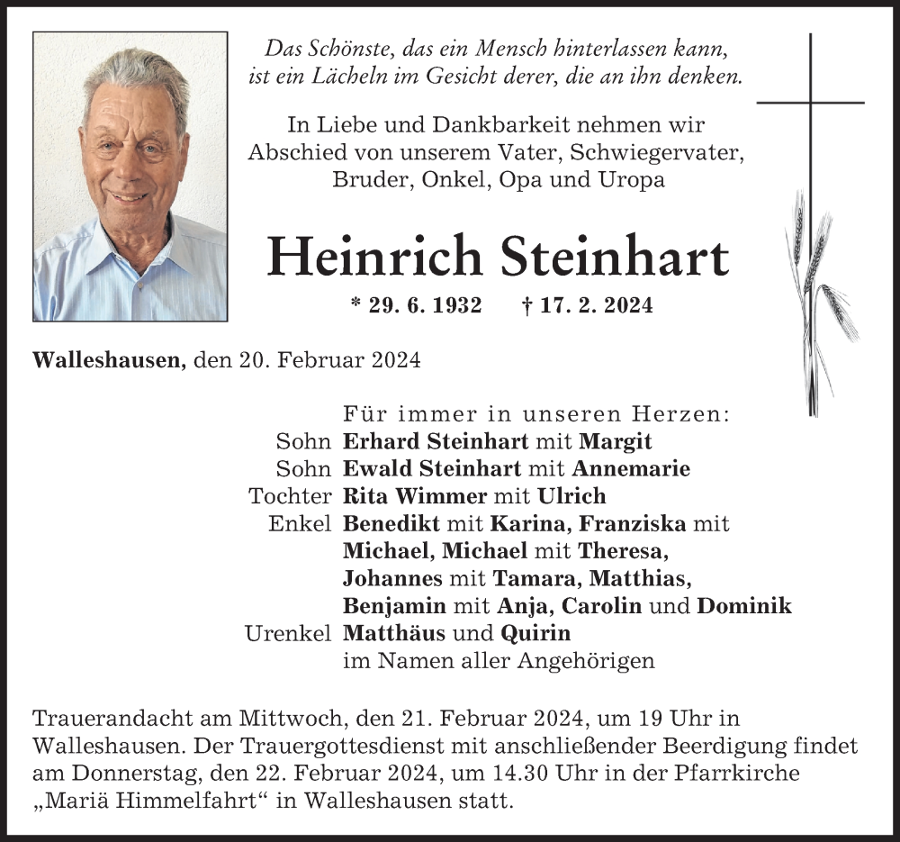 Traueranzeige von Heinrich Steinhart von Landsberger Tagblatt