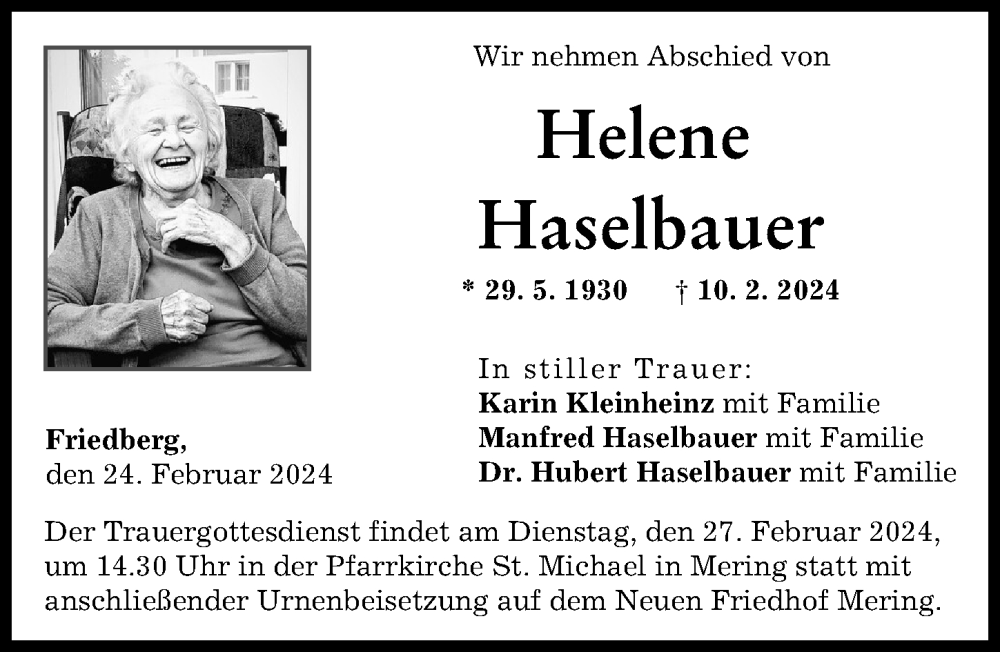 Traueranzeige von Helene Haselbauer von Friedberger Allgemeine