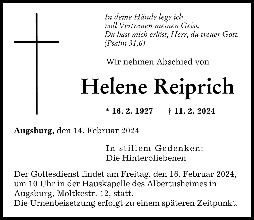 Traueranzeige von Helene Reiprich von Augsburger Allgemeine