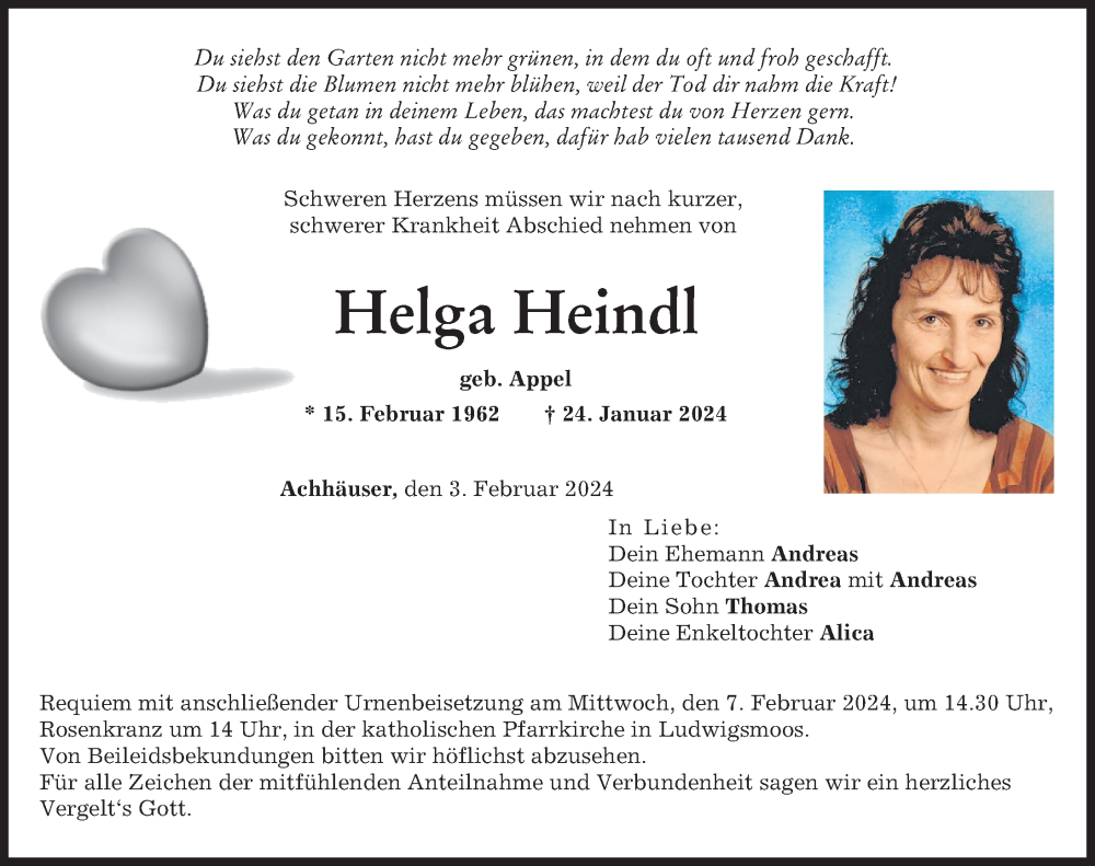 Traueranzeige von Helga Heindl von Neuburger Rundschau