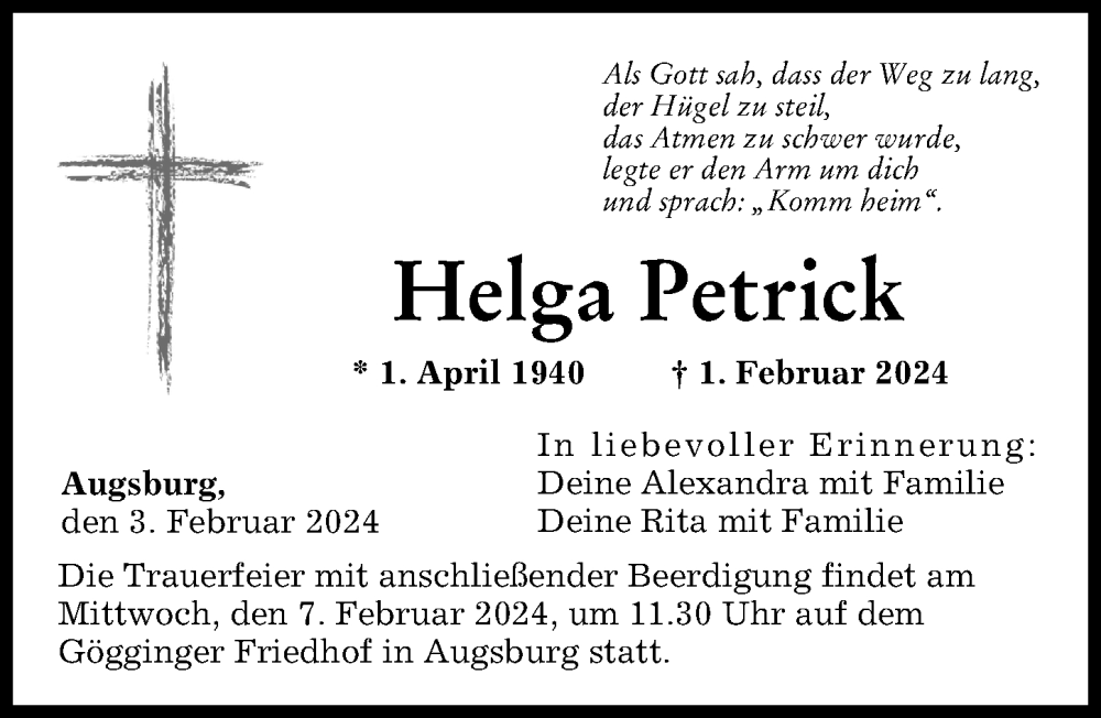 Traueranzeige von Helga Petrick von Augsburger Allgemeine