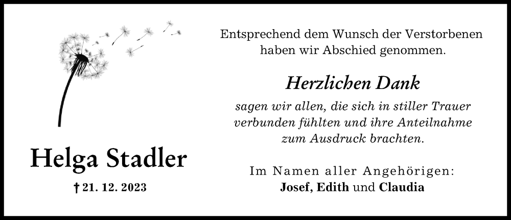 Traueranzeige von Helga Stadler von Donau Zeitung