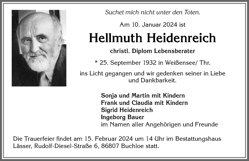 Traueranzeige von Hellmuth Heidenreich von Mindelheimer Zeitung