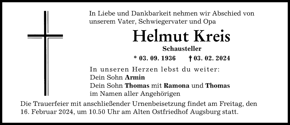  Traueranzeige für Helmut Kreis vom 10.02.2024 aus Augsburger Allgemeine