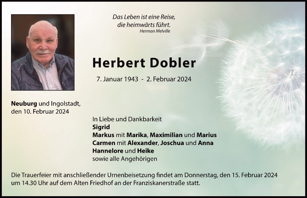 Traueranzeige von Herbert Dobler von Neuburger Rundschau