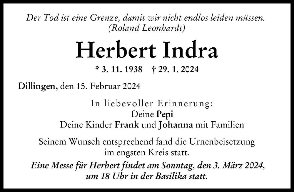 Traueranzeige von Herbert Indra von Donau Zeitung